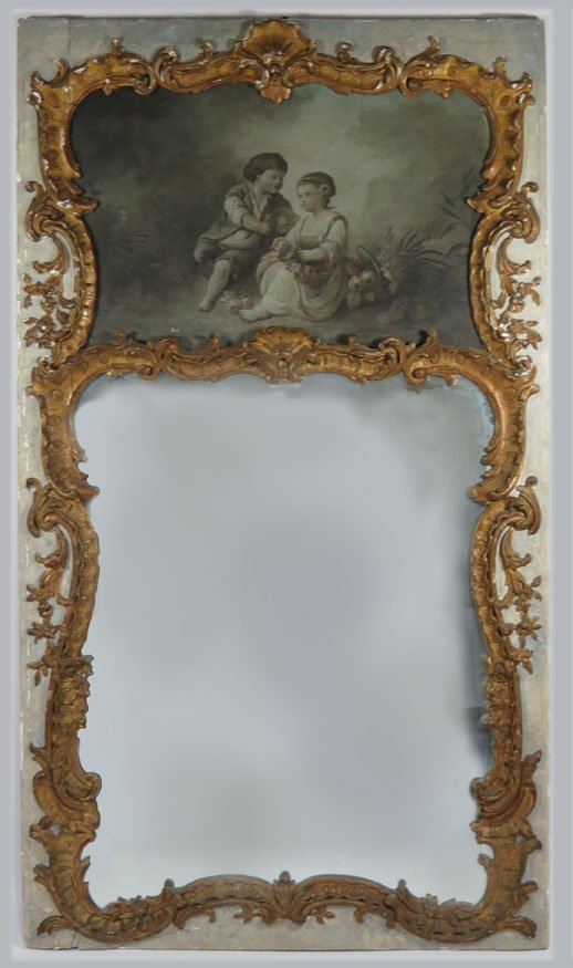 LARGE FRENCH ROCOCO TRUMEAU MIRROR: oil painting of young girl and boy above mirror, all with applied shell and foliate carved giltwood border, 84”h; 48”w