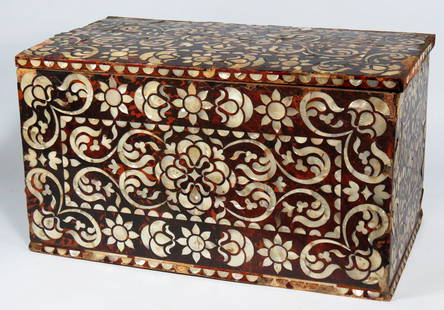 19TH C. CONTINENTAL TORTOISE AND MOTHER-OF-PEARL B: top and all sides with overall scrolling mother-of-pearl inlay set in red tortoise shell; the interior with till drawer and geometric inlaid banding, 12.5”h; 22”w; 12.5”d