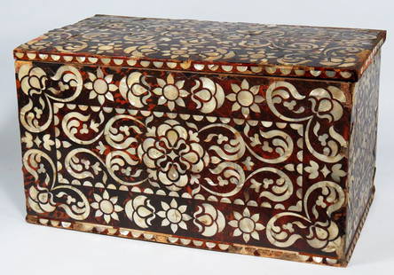 19TH C. CONTINENTAL TORTOISE AND MOTHER-OF-PEARL B: top and all sides with overall scrolling mother-of-pearl inlay set in red tortoise shell; the interior with till drawer and geometric inlaid banding, 12.5”h; 22”w; 12.5”d