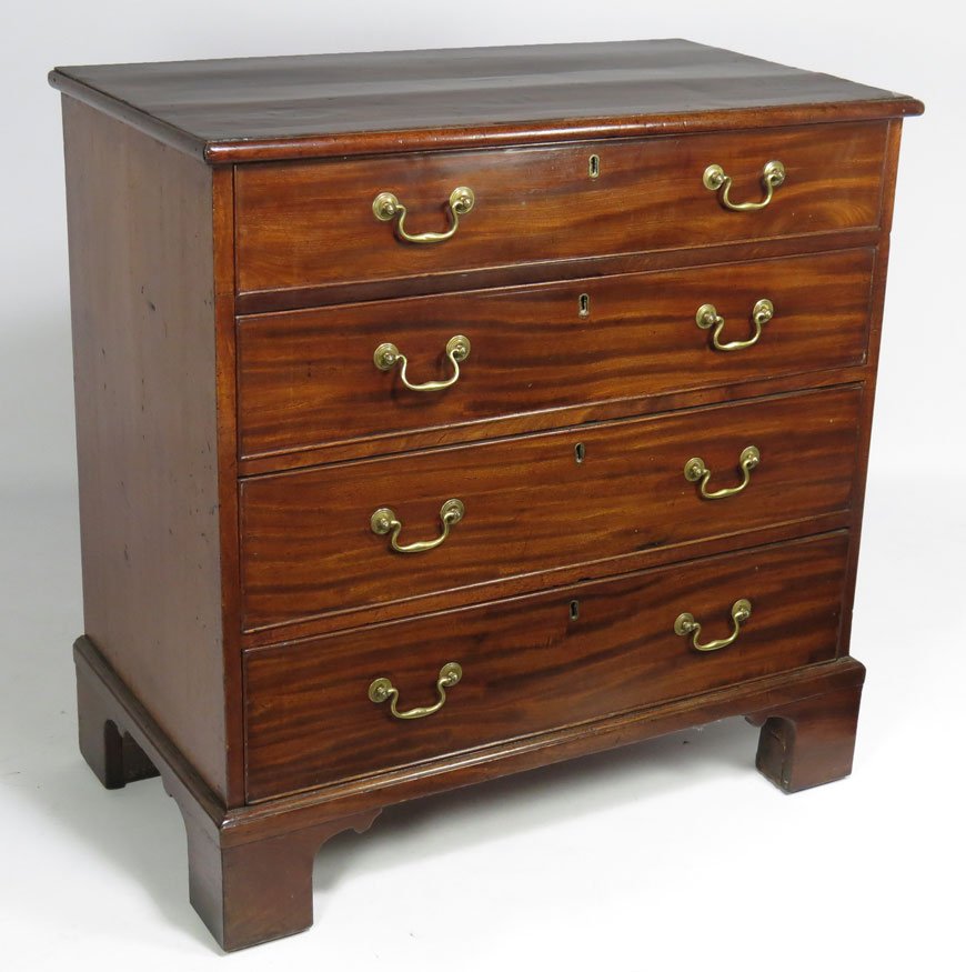 ENGLISH GEORGE III MAHOGANY BACHELOR’S CHEST: old surface, four graduated drawers, ogee feet, 33.5”h; 32”w; 18”d