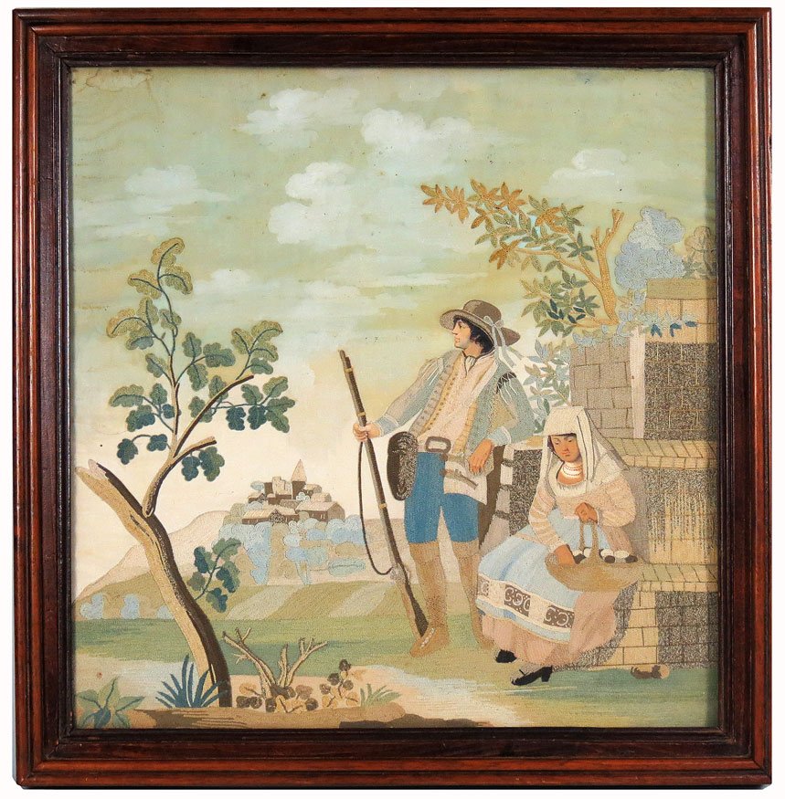 19TH C. ITALIAN NEEDLEWORK PICTURE ON SILK: titled and signed on reverse: Uomo e Donna di Piedimonte de Sessa Maria de ...?.... old label: .SUVIOPERRARA-ANTIQUARIO * ROMA SALSOMAGGIORE, 13” by 12.5” (sight) framed, under glass