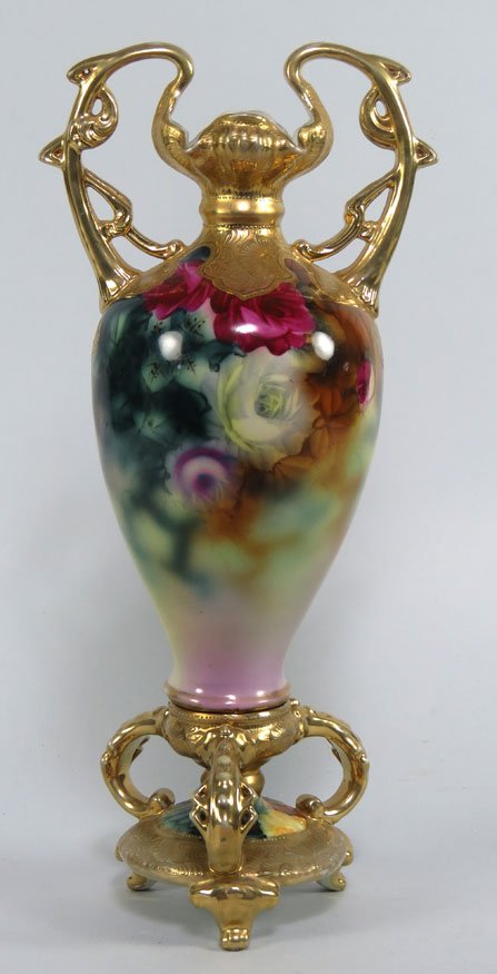 ART NOUVEAU PORCELAIN VASE, NIPPON: decorated with roses, gilt neck, double handles, and footed base with raised beading, 14”h