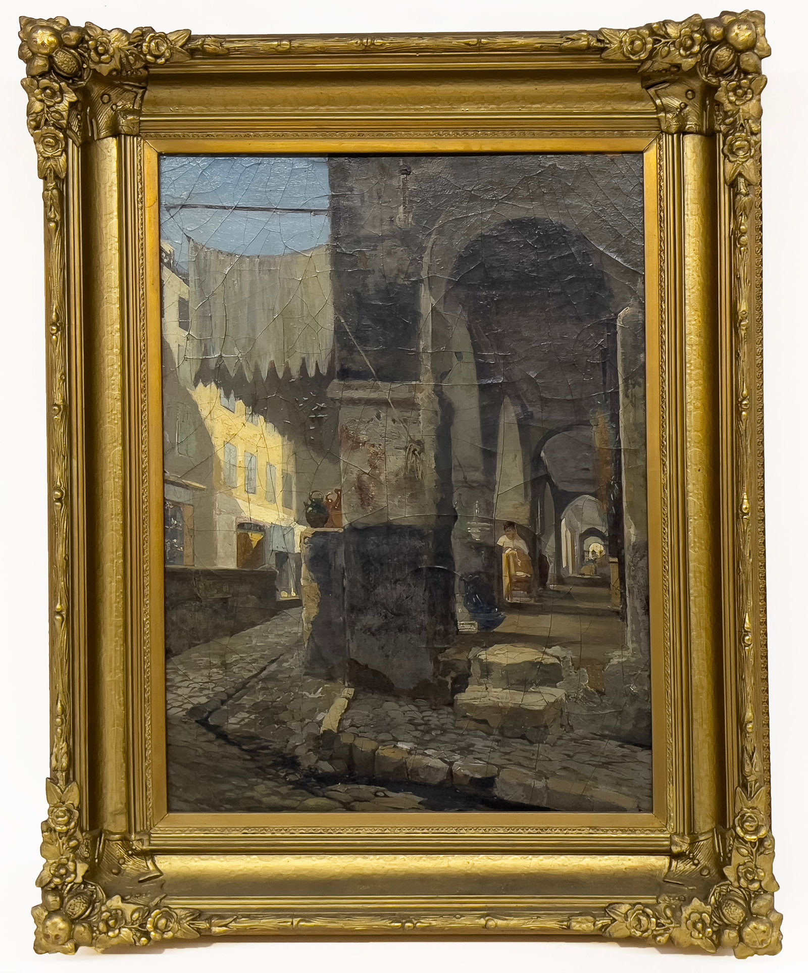 AMERICAN/ITALIAN, 19th c. VENICE OIL PAINTING: Venice back street unsigned; oil/canvas, laid down on board; 23 by 17 in.; ornate gilt frame 30 by 24 in. Prov.: the estate of John 'Jack' Carter, Gloucester, MA NOTE: We cannot approve bidders during