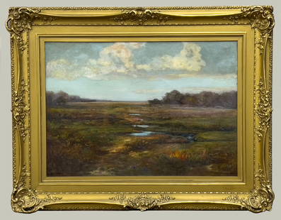 LOUIS H. RICHARDSON (American/Massachusetts, 1853-1923) LANDSCAPE PAINTING: marsh landscape, Ipswich, Massachusetts; sgn. and dated l.r. L.H. Richardson 191?; also sgn, verso on canvas and dated 191? oil/canvas; 22 by 31 in.; ornate gilt frame 32.5 by 42 in. Prov.: Estate of