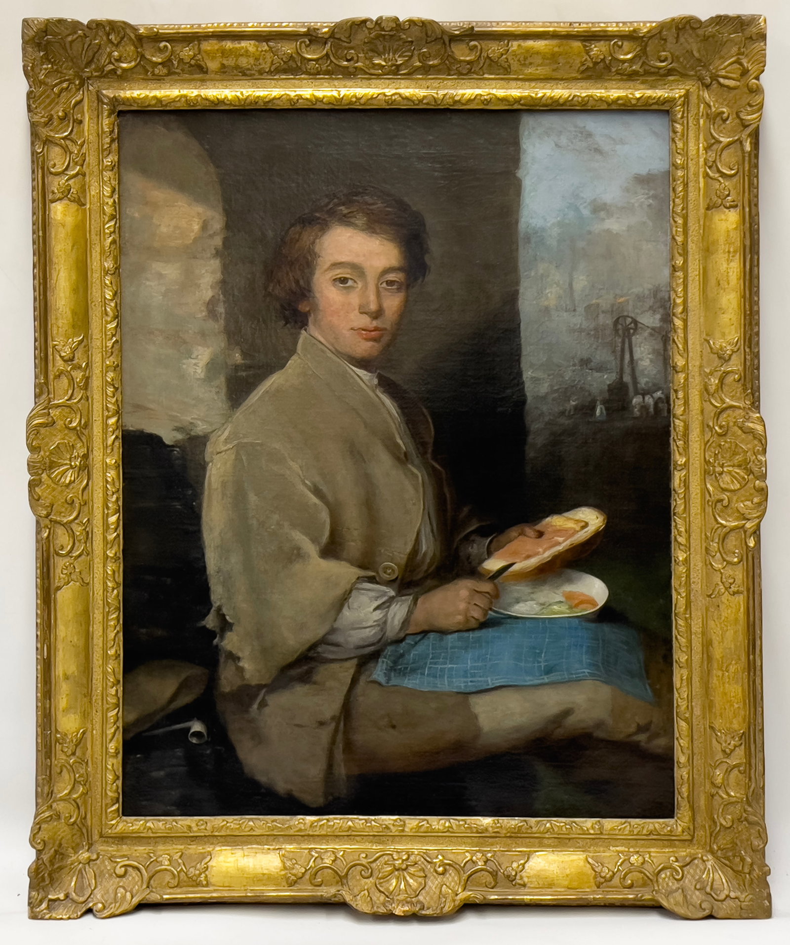 school of JOSEPH WRIGHT (British, 1734-1797) OIL PAINTING: young man on lunch break, coal mine in distance unsigned; oil on canvas (relined); 36 by 28 in.; ornate gilt frame 43.5 by 35.5 in;Ascended through a Cambridge, Massachusetts family, purchased many ye