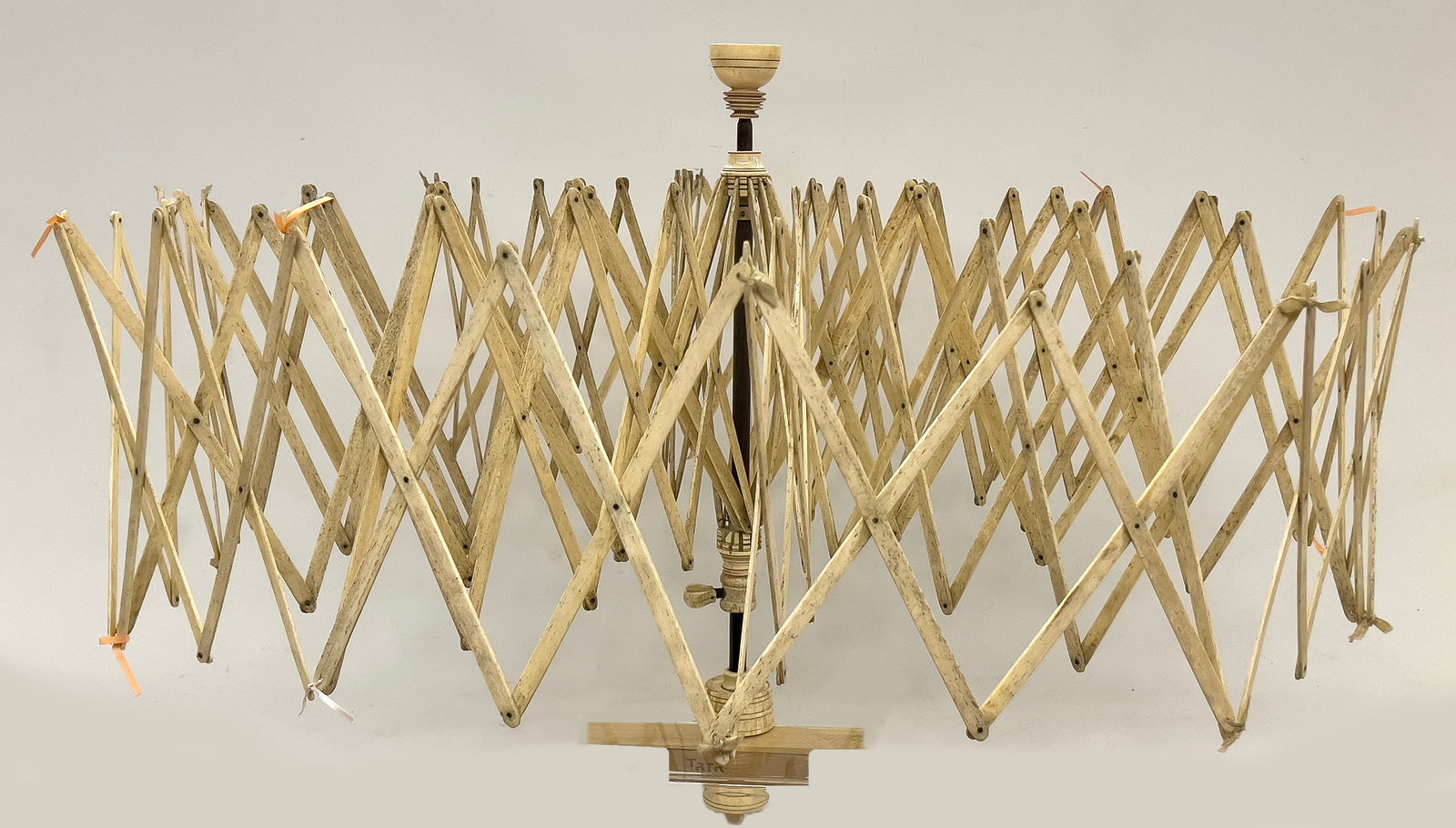 OVERSIZED 19TH C. WHALE BONE SWIFT / YARN WINDER: 21" incl. turned turned, cup finial and clamp; opens to 33"diam. (prob. opens further) NOTE: We cannot approve bidders during the auction. Please register as soon as possible.