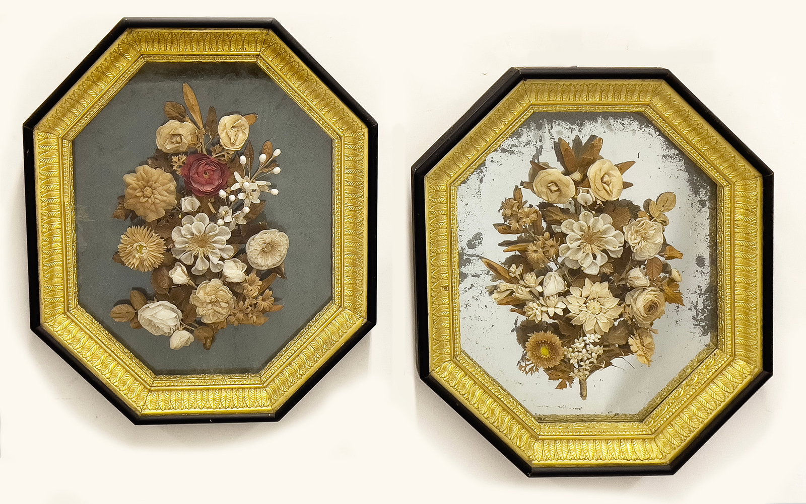 PAIR OF MIRRORED, SHELL FLORAL PICTURES (1 of 2)