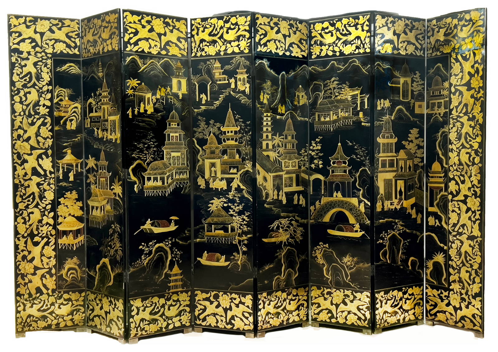 IMPRESSIVE CHINESE 8-PANEL LACQUERED SCREEN