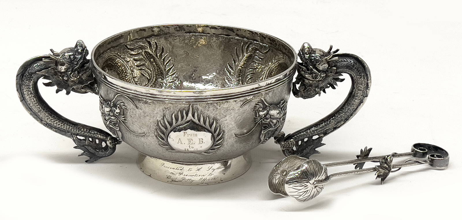 CHINESE CHASED SILVER SUGAR BOWL AND TONGS