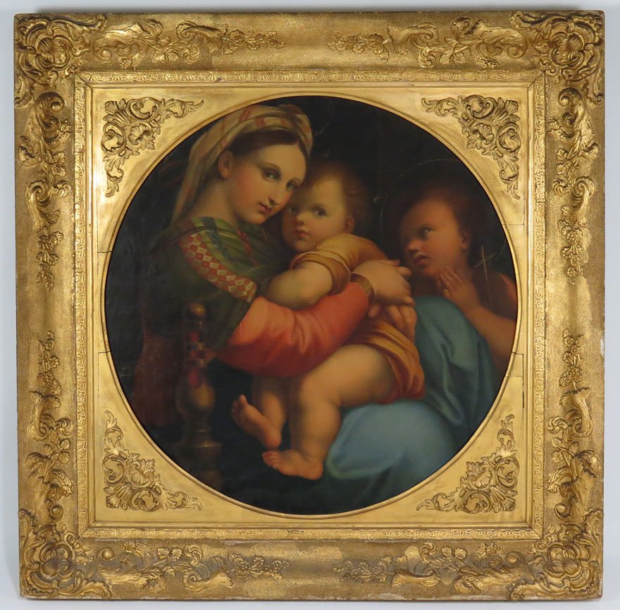 ITALIAN, 19th c., after SANZIA RAPHAEL: Madonna and child o/c, 30.5 by 30.5 in., original gilt frame