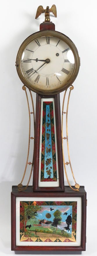 FEDERAL-STYLE MAHGOGANY WEIGHT-DRIVEN BANJO CLOCK: on face, BLACK, STARR & FROST, NEW YORK old color, with eglomise panels, the throat with foliage, bottom panel of Mt. Vernon, 33”h