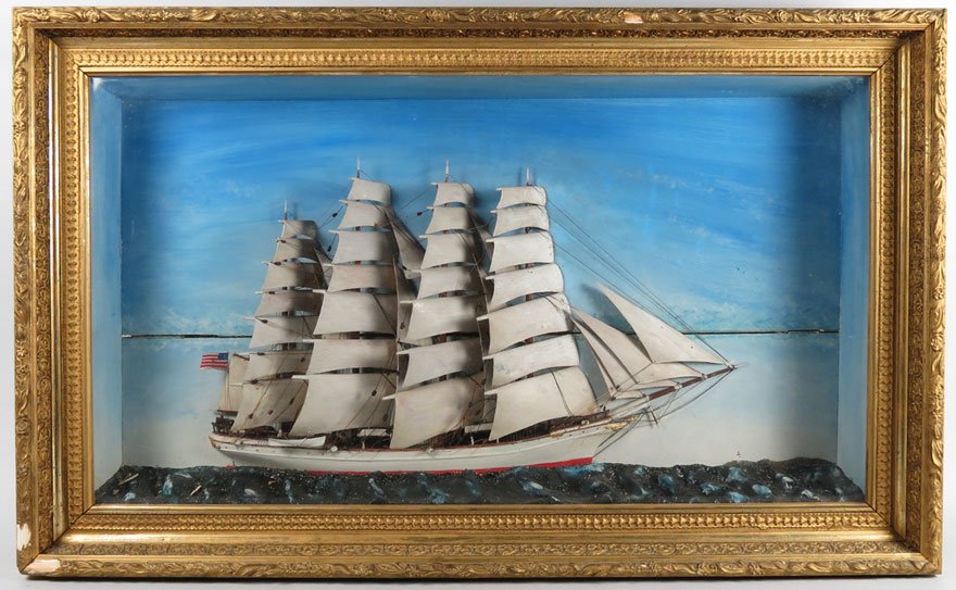 19TH C. SHADOW BOX SAILING SHIP MODEL: four masted bark, fully rigged, 22”long; shadow box with gilt frame measures 22”h; 35.5’w