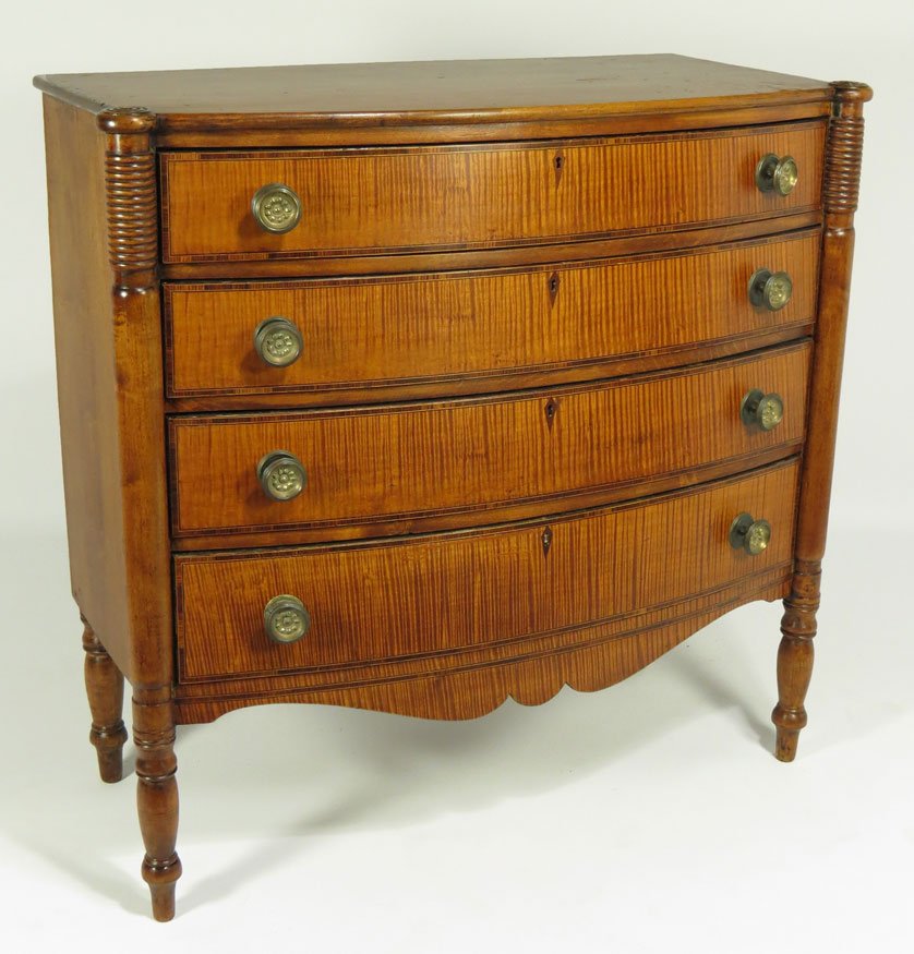 NEW ENGLAND SHERATON TIGER MAPLE BOW-FRONT CHEST