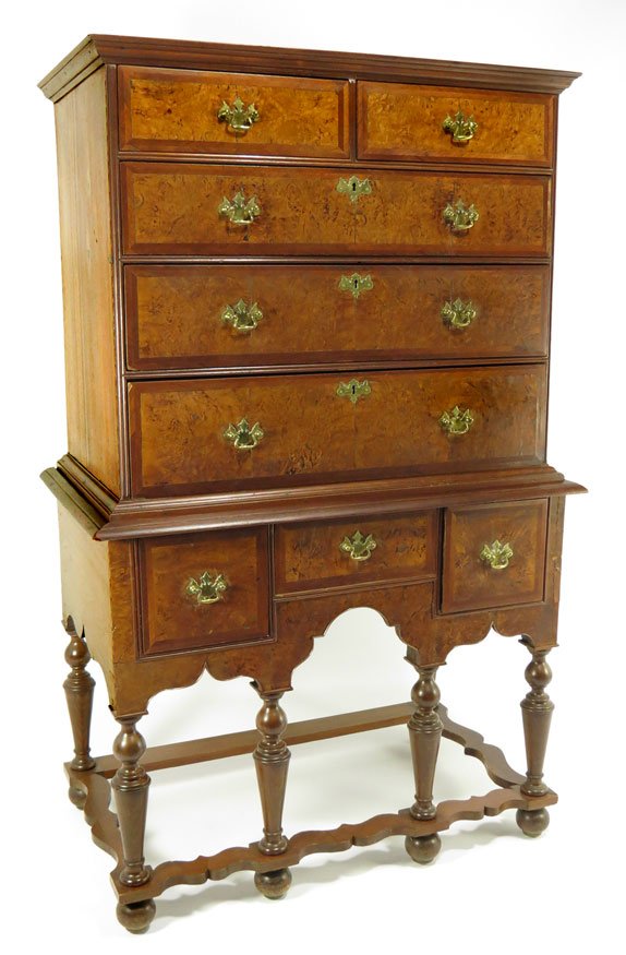 BOSTON WILLIAM AND MARY WALNUT VENEERED 2-PART HIGHBOY