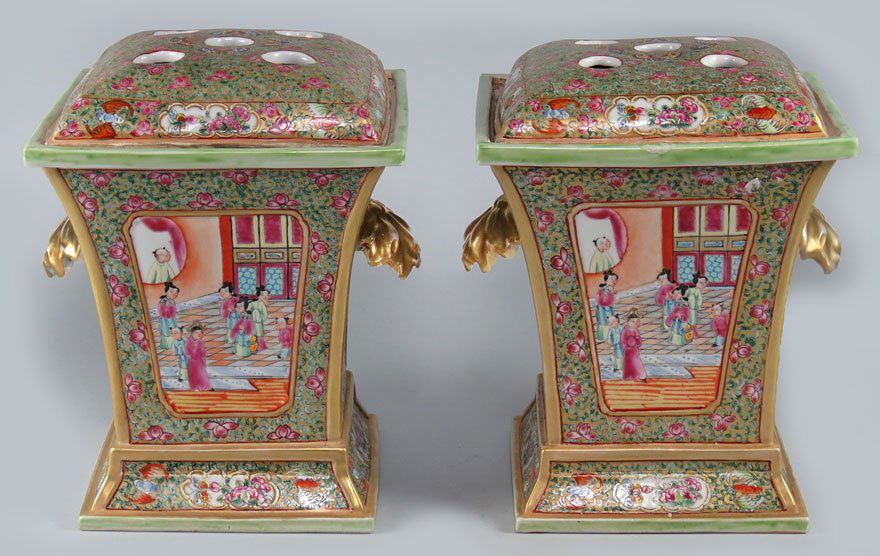 PAIR OF CHINESE EXPORT MANDARIN BOUGH POTS: c. 1820, each with pierced domed covers with butterfly and rose decoration, front and reverse panels of figures in an interior, sides with floral and bird panels and gilded handles, 10”h; top 7.5”