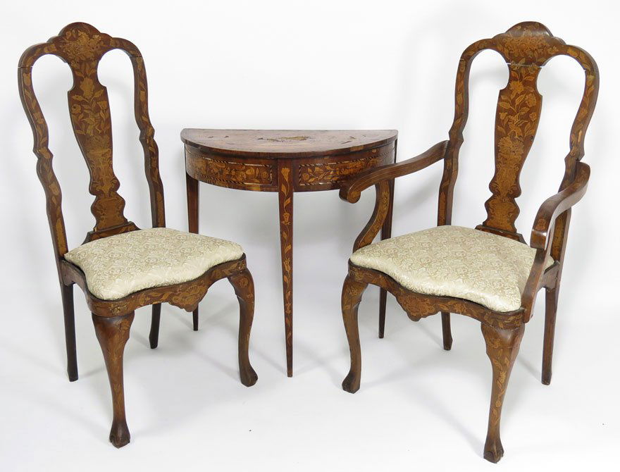 (on 3) GROUP OF DUTCH MARQUETRY FURNITURE: late 19th c., a QUEEN ANNE-STYLE ARMCHAIR, 45”h; 22.5”w; a QUEEN ANNE-STYLE SIDECHAIR, 44”h; 20”w; and a DEMI-LUNE CONSOLE TABLE, 30”h; 29”w; 16”d From a North Shore, Massachusetts home.