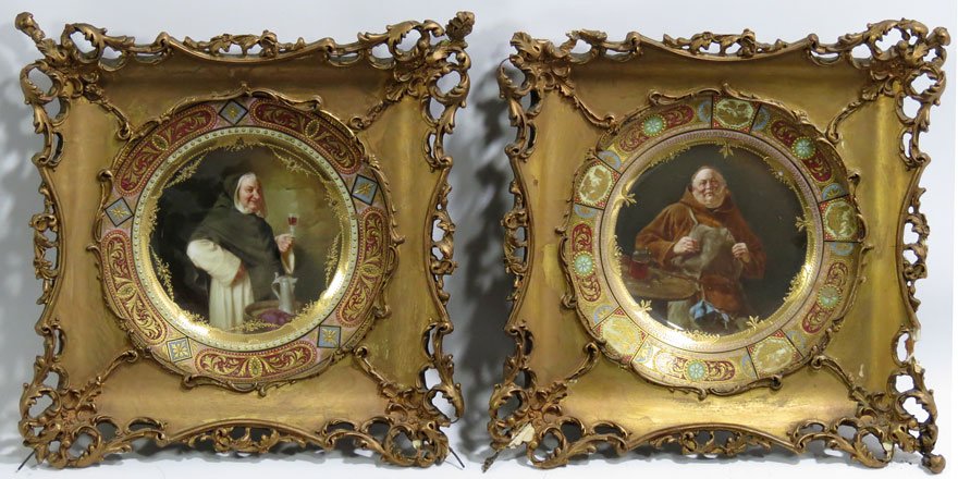 PAIR OF GOLD FRAMED DRESDEN PLATES, FRIARS