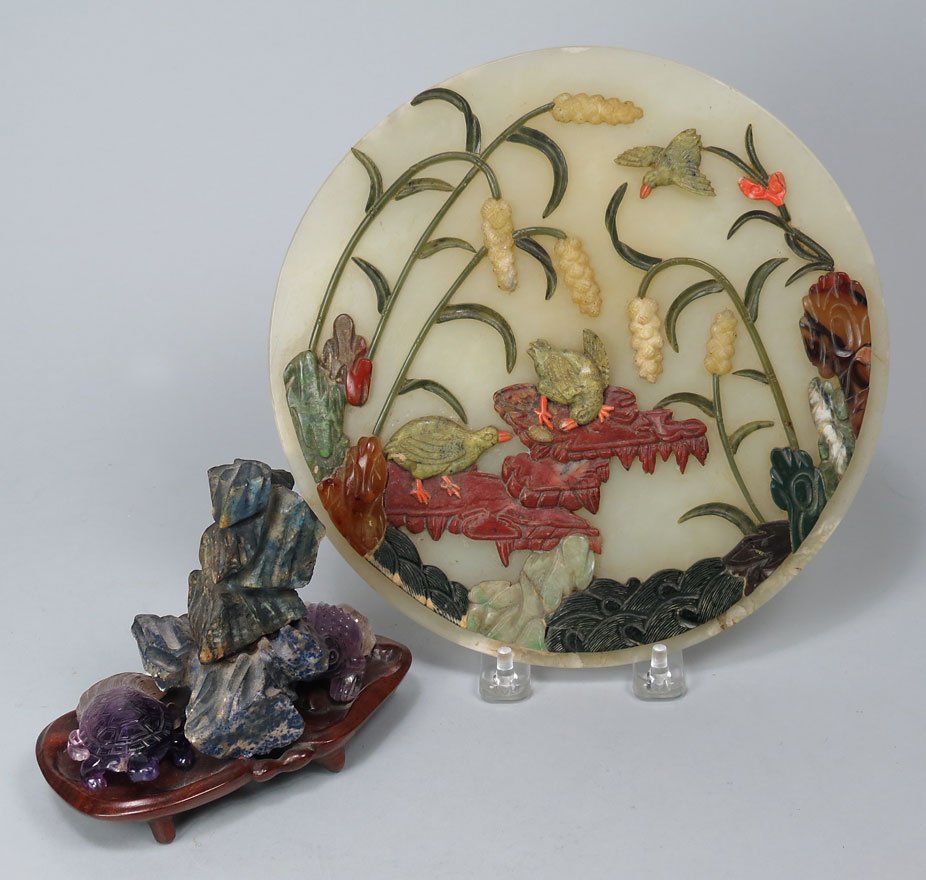 (on 2) CHINESE HARDSTONE PLAQUE