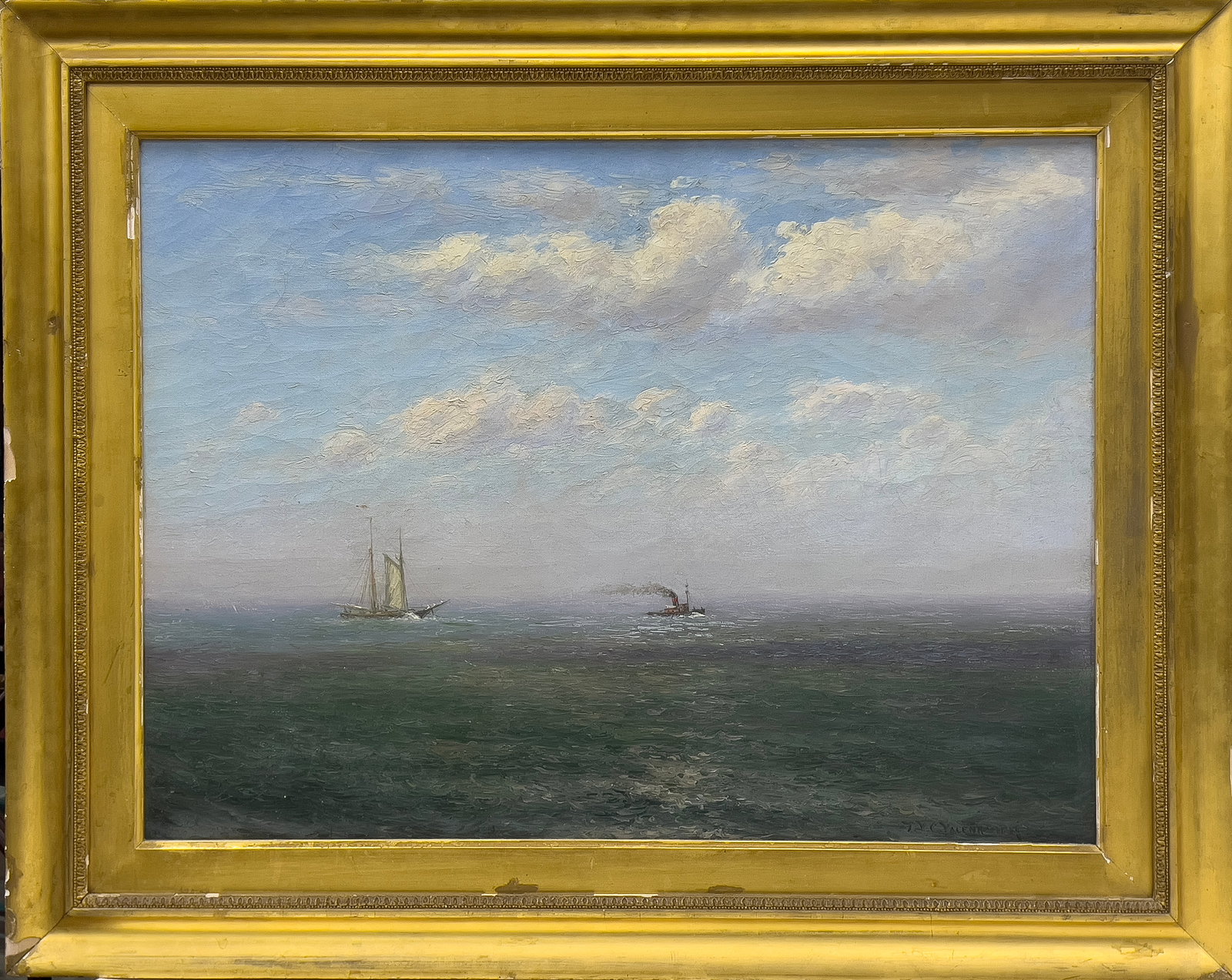 THEODORE VALENKAMPH ( Sweden/Gloucester, MA, 1868-1924) OIL PAINTING: seascape with distant boats sgn. l.r. T.V.C. Valenkamph oil/canvas; 18 by 24 in.; framed 24 by 30 in.