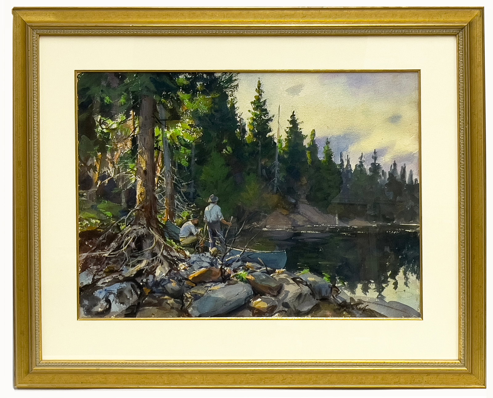 JOHN WHORF (American/Massachusetts, 1903-1959) WATERCOLOR : canoers pausing on the river's shore sgn. l.r. John Whorf watercolor; 21 by 29 in. (sight); framed 33.5 by 41 in.