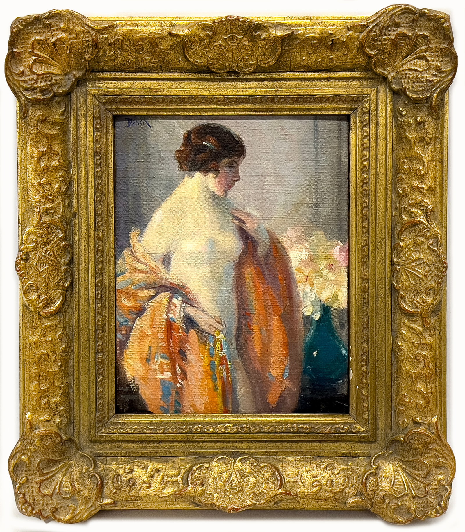 FRANK DESCH (Pennsylvania, 1873-1934) OIL PAINTING: yellow shawlsgn. u.l. Desch; oil/board; 9 by 12 in.; framed 19 by 16.5 in.Salmagundi Club Exhibition paper label verso. Desch studied under William Merritt Chase at the Pennsylvania Academy of Fine