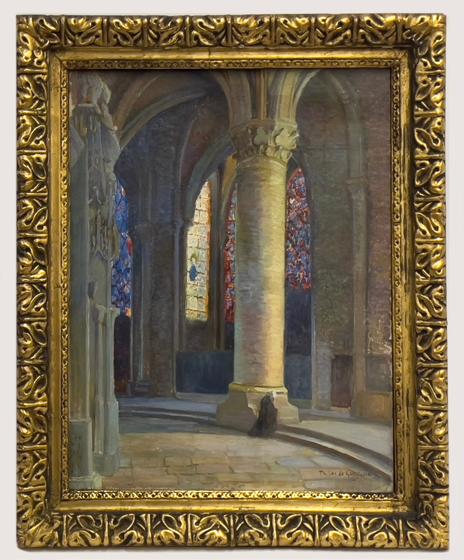 FRENCH, 19/20th c. OIL PAINTING: cathedral interior with figure remnant of signature l.l. illegible; titled 1 l.r Th. Luc de Goustine oil/canvas; 28.5 by 22.25 in.; framed, under glass 35.5 by 29 in.