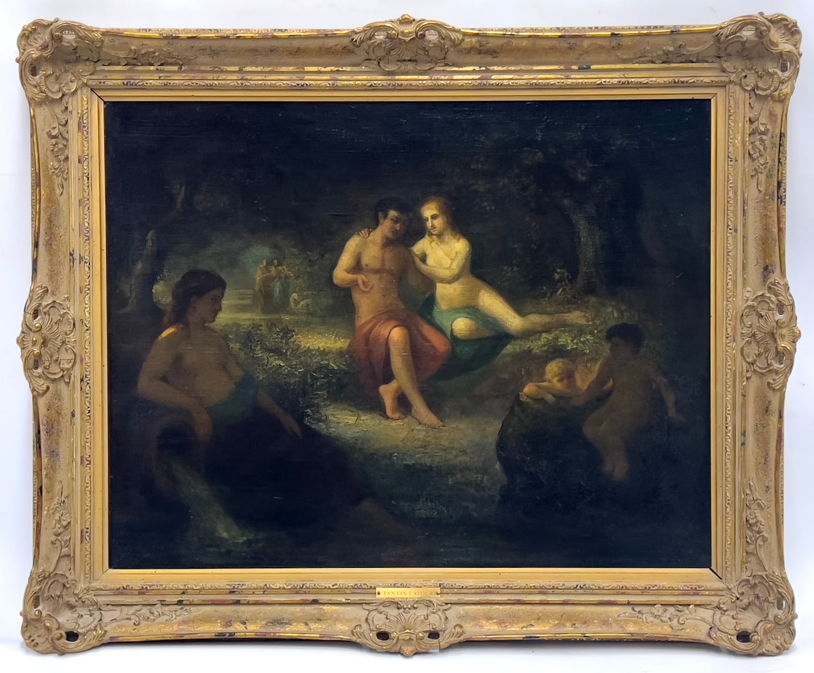 FRENCH, 19th c. manner of Ignace Henri FANTIN-LATOUR (Paris, 1836-1904): a couple and figures lazing about in a forest grove unsigned; oil/canvas (relined); 23.5 by 28.5 in.; Dutch frame 29 by 35 in. Brass label on frame with artist's name.