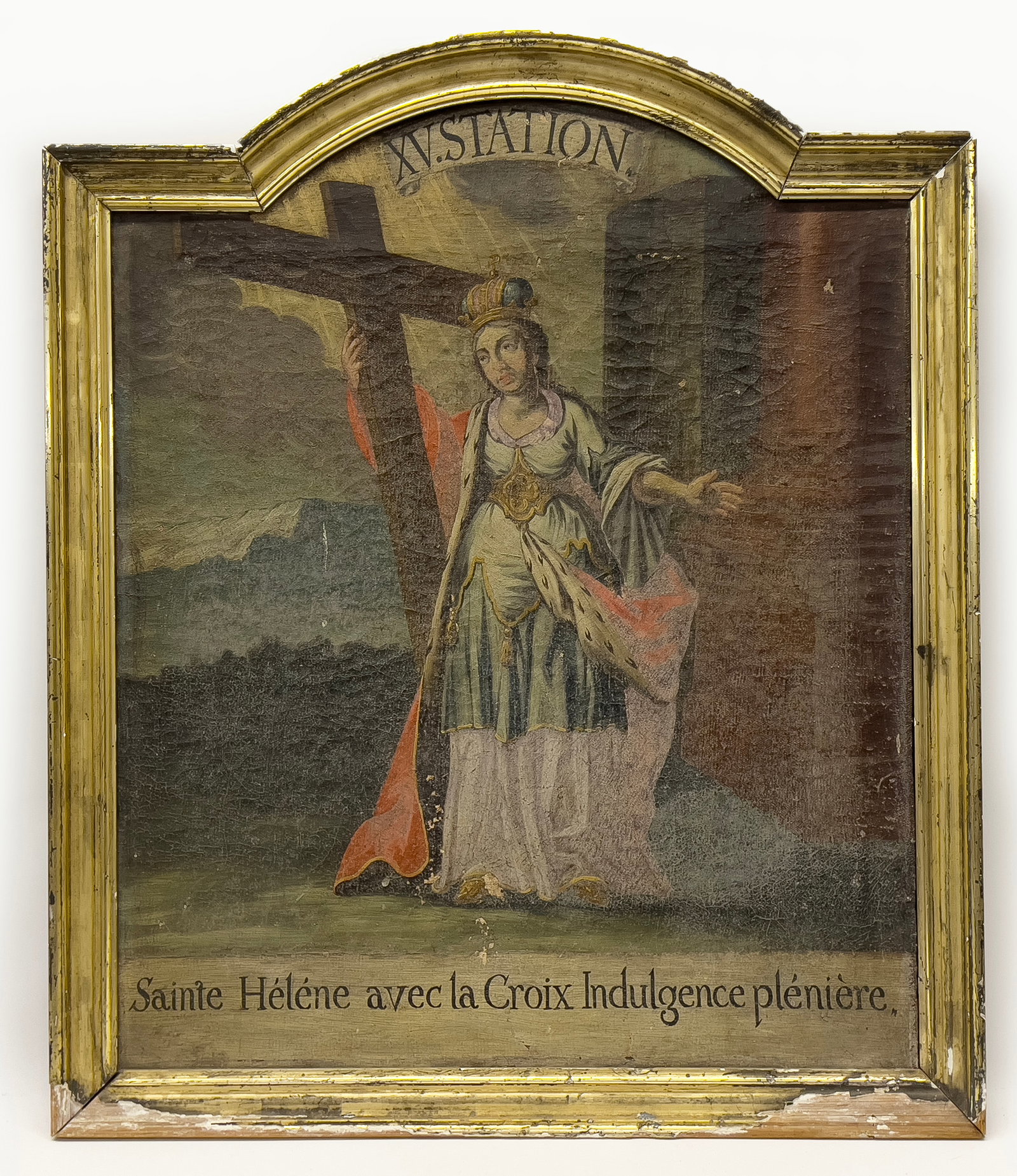 FRENCH, 17th c.: XV STATION (of the Cross) inscribed on front Sainte Helene avec la croix indulgence pleniere o/c, original domed, gilt frame; 31.5 by 25.5 in.; frame 34.5 by 29 in.