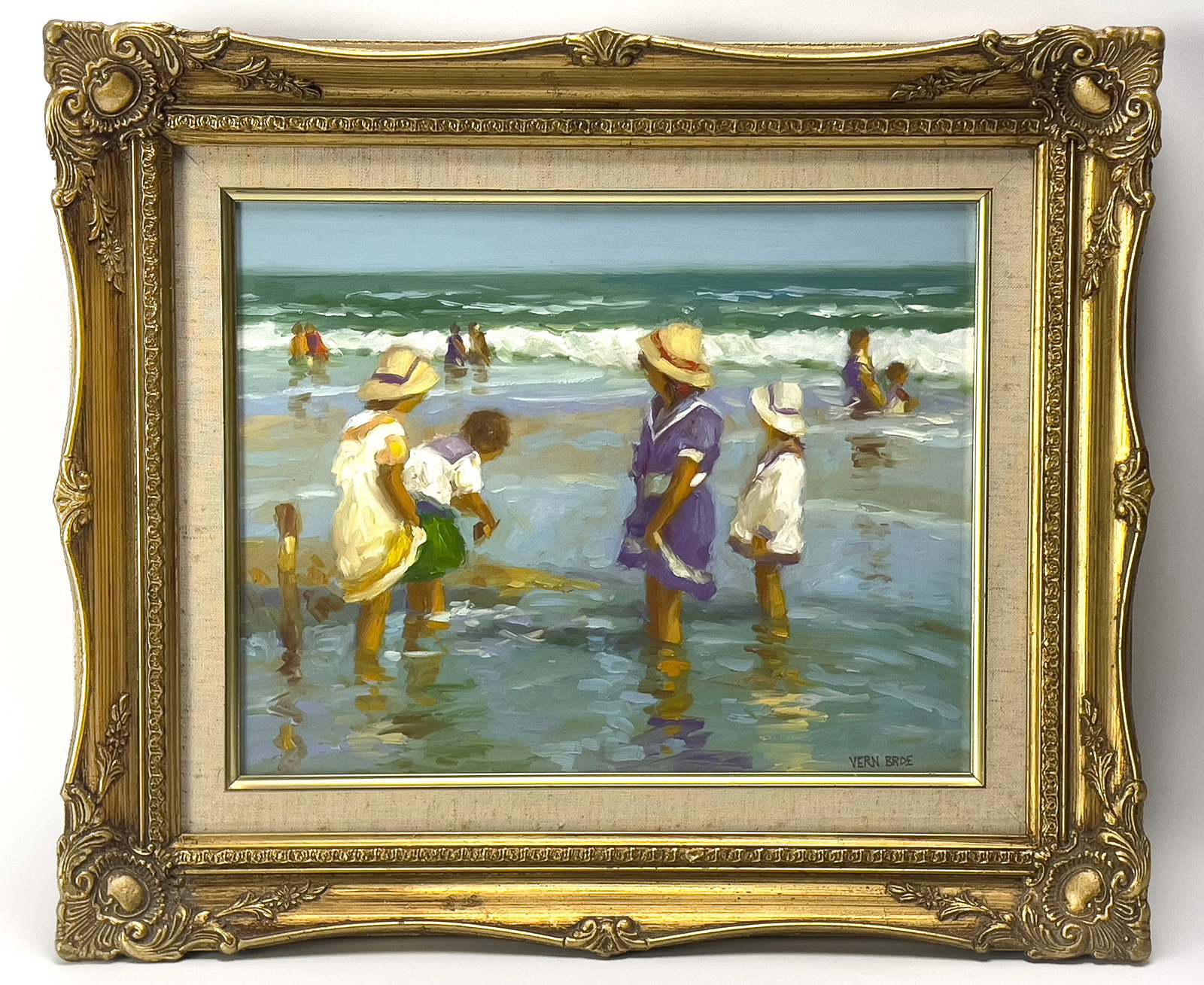 VERN GEORGE BROE (American, 1930-2011) OIL PAINTING: figures wading along the shoreline sgn. l.r. Vern Broe oil/board; 11 by 14 in.; framed 16.5 by 19.5 in. The private collection of CRN Auctions.