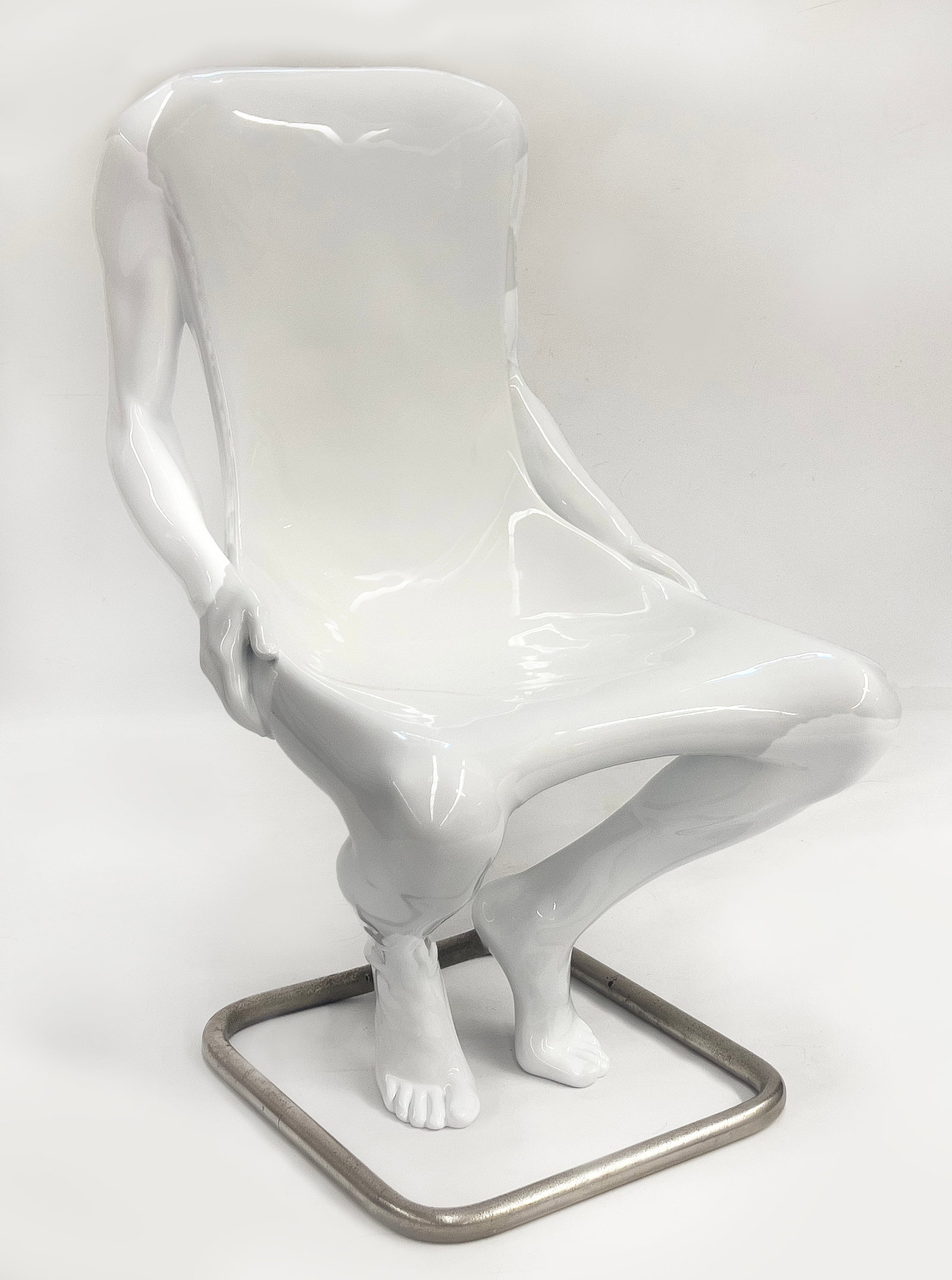 RUTH FRANCKEN, WHITE LACQUERED “L’HOMME’ CHAIR: Ruth Francken (Czech/French, 1924-2006) script signature in the casting 'Ruth Francken'; created in 1971, issued as a limited edition; white lacquered fiberglass polyurethane with chrome plated, tubul