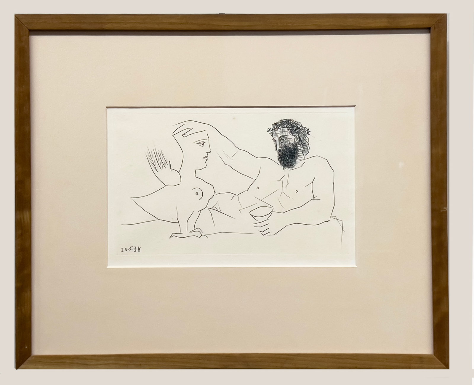 attrib. PABLO PICASSO (Spain/France, 1881-1973): Drinker caressing his chimera (buveur caressant sa chimere) unsigned, dated in plate l.l. 28-5-38 engraving proof; image 5.75 by 9.75 in.; sheet size under mat; matted and framed 14.5 by 17.75 in. 19t