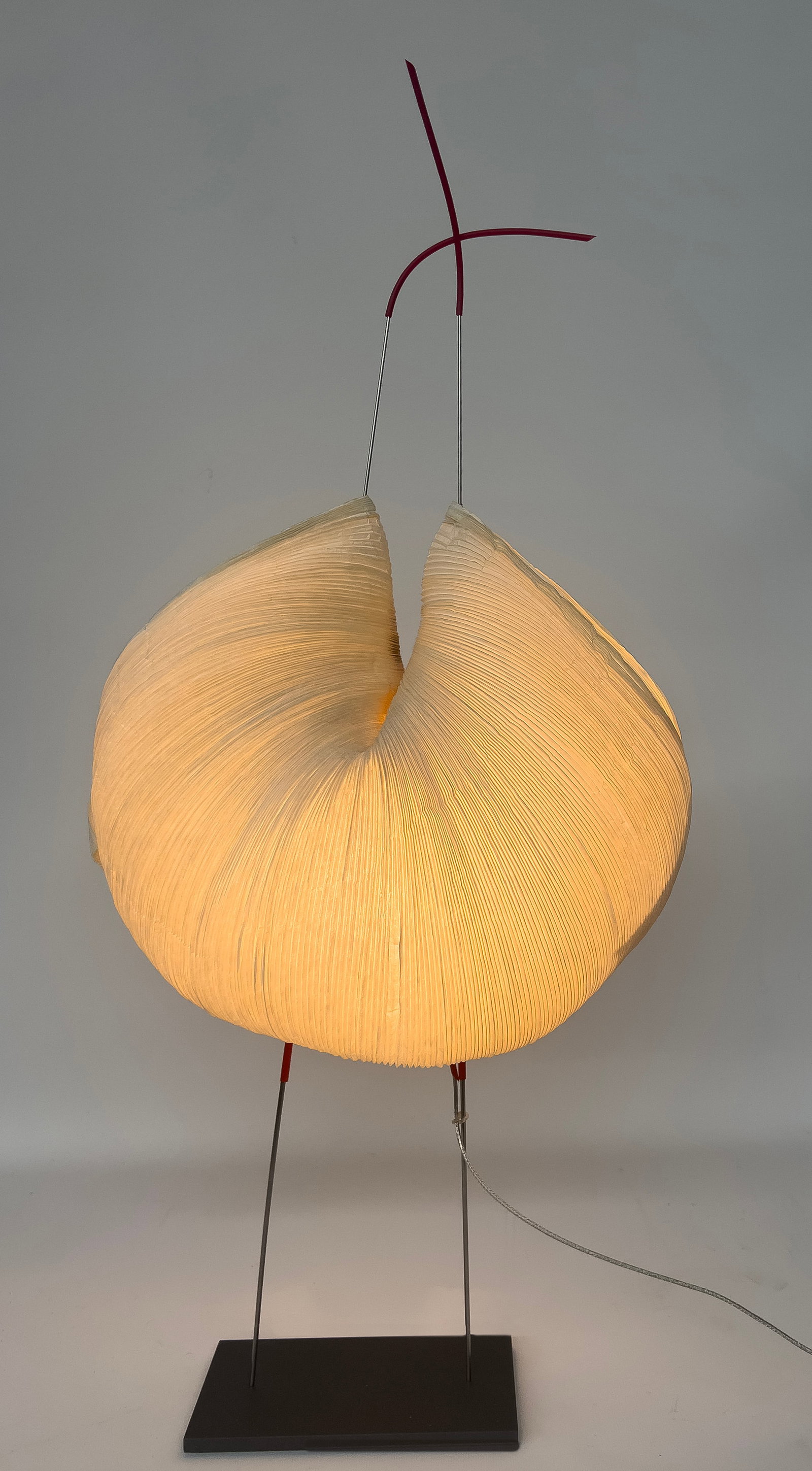 INGO MAURER POUL POUL TABLE LAMP: designed by Ingo Maurer/ Dagmar Mombach and team, 1998 from the MaMo Nouchies series; Japanese rice paper and stainless steel; with LED dimmable light source Poul Poul sticker on bottom; "...230/125V.