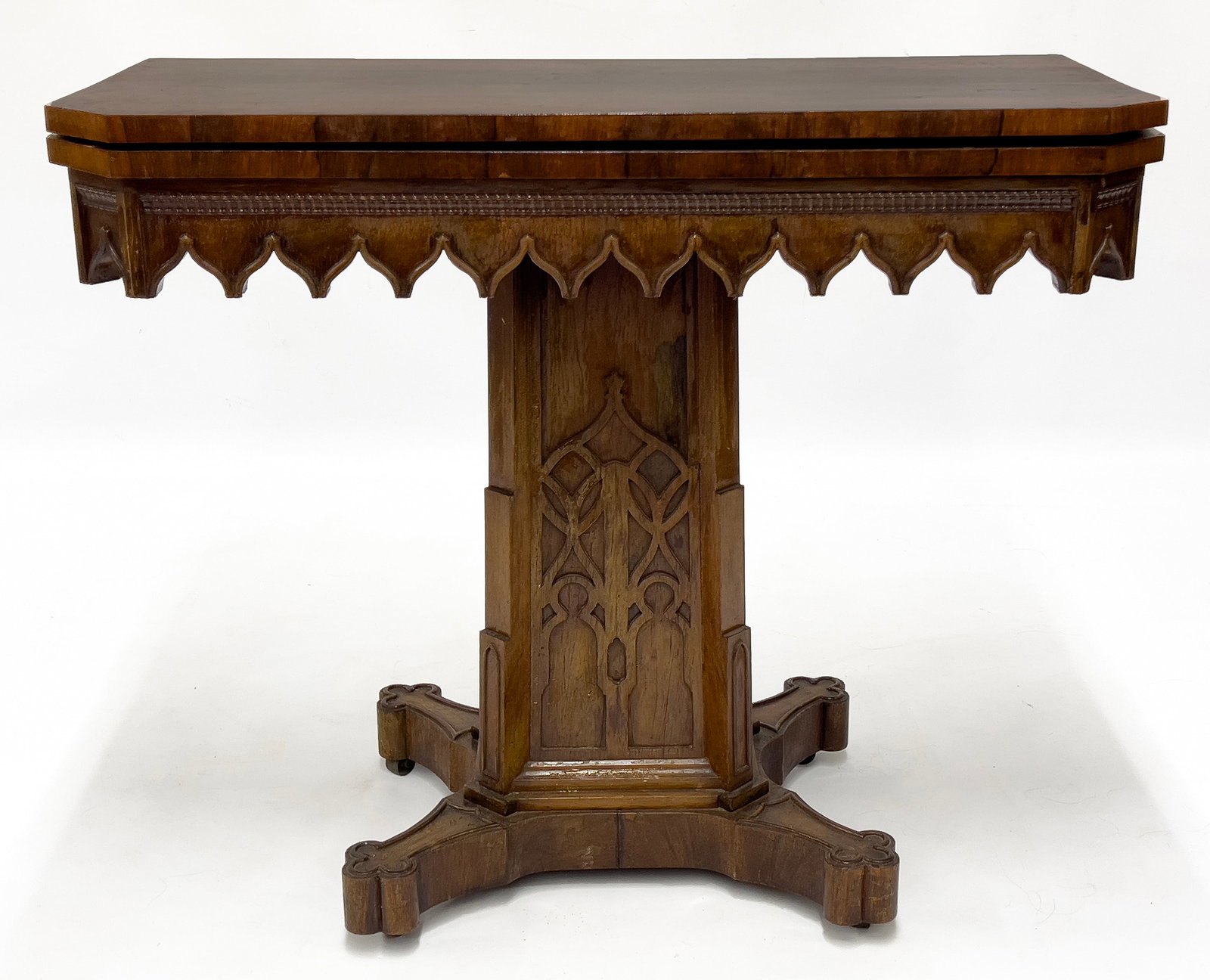 New York, attrib. Joseph Meeks rectangular hinged top; Gothic scalloped drops to apron, front and (1 of 3)