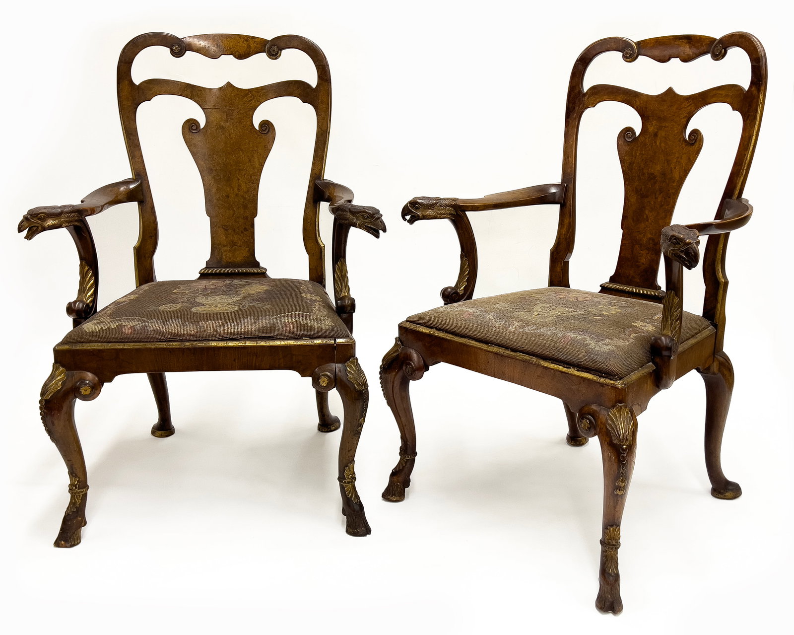 19th c., possibly Austrian; overall gilt enhancements; burl walnut splats and unusual double crest; (1 of 7)