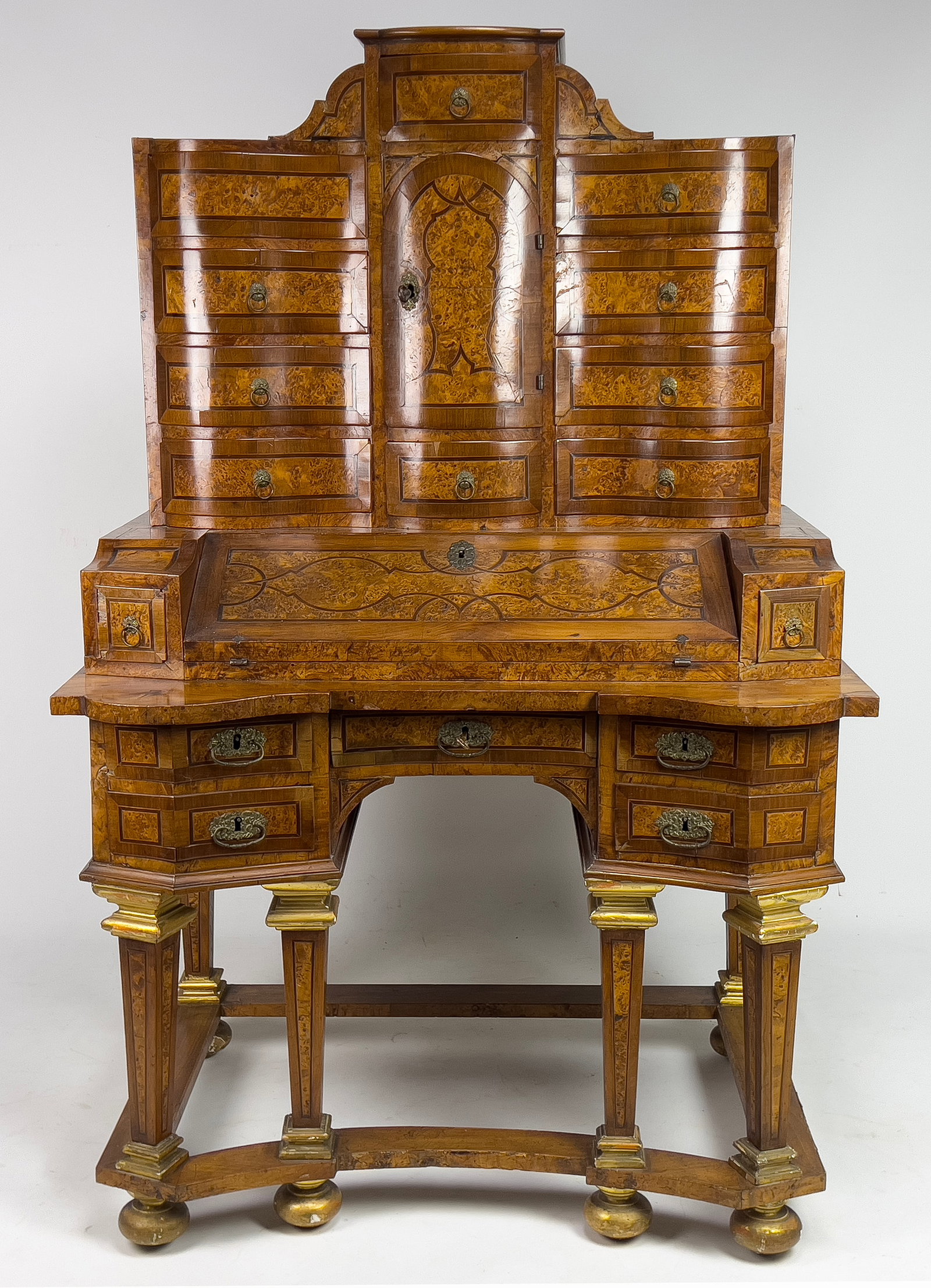 IMPRESSIVE GERMAN ROCOCO INLAID SECRETARY DESK: 18th. c.; three-part, top with center cupboard flanked on all sides with drawers; mid part with fall-front lid with embossed paper writing surface; bottom section, three drawers over two, all drawer f