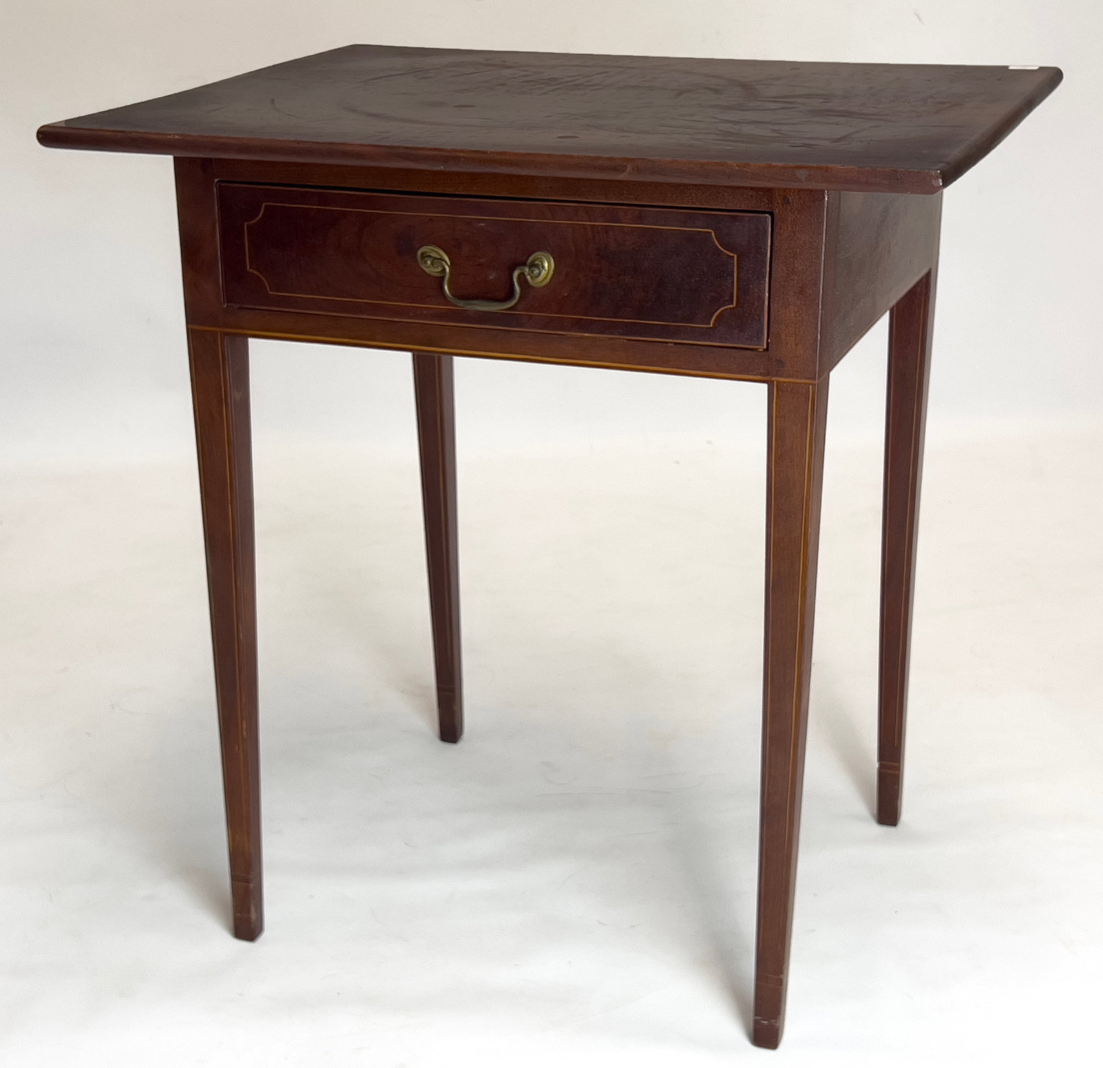 NEW ENGLAND FEDERAL INLAID WORK TABLE: old color, line inlay drawer and tapering legs; 29"h; overhanging top 28"w, 21.5"d; case 21"