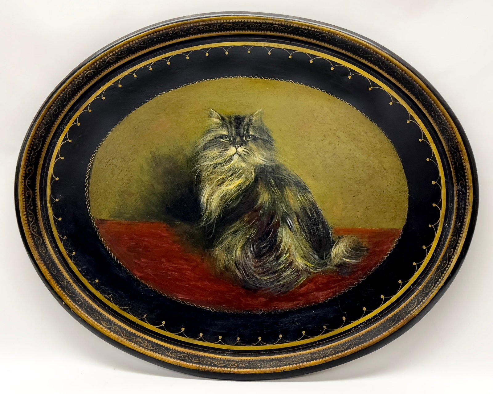 LARGE PAINTED OVAL TOLE TRAY, CAT DECORATED (1 of 1)
