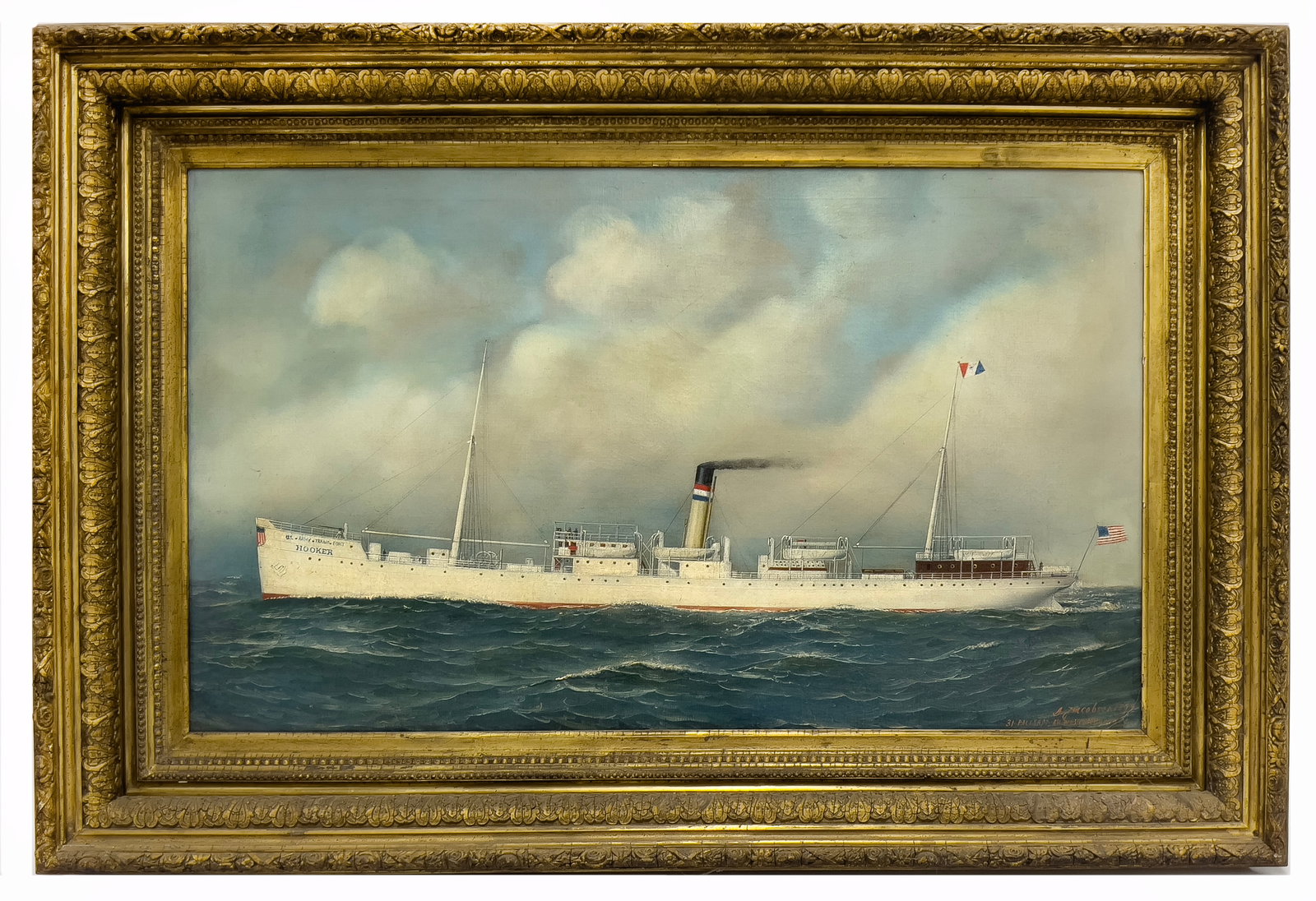 ANTONIO NICOLO JACOBSEN (American, 1850-1921) MARINE OIL PAINTING: US ARMY TRANSPORT/ HOOKER sgn. and dated l.r. A Jacobsen 1899 / 31 Palisade Av. West Hoboken N.J. oil/canvas (relined); 21.75 by 36 in.; gilt frame 30.5 by 45 in. Born in Copenhagen, Jacobsen came to