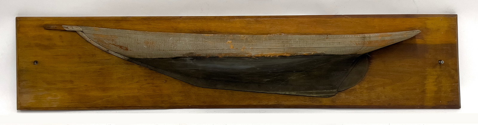 PAINTED SAILBOAT HALF HULL MODEL: painted hull 7.5" by 46": the mounting board 11.5"h by 55.5"long (some paint loss)