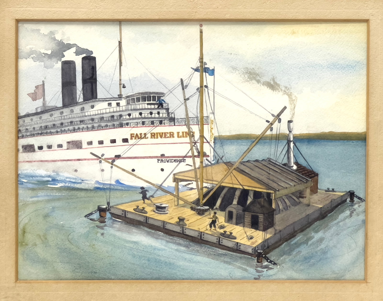 FALL RIVER LINE, MASSACHUSETTS NAUTICAL WATERCOLOR: the ferry liner steamer, Providence; 8.5 by 11.5 in. (sight); framed 13 by 16 in. The Fall River Line was a combination steamboat and railroad connection between New York City and Boston that operated