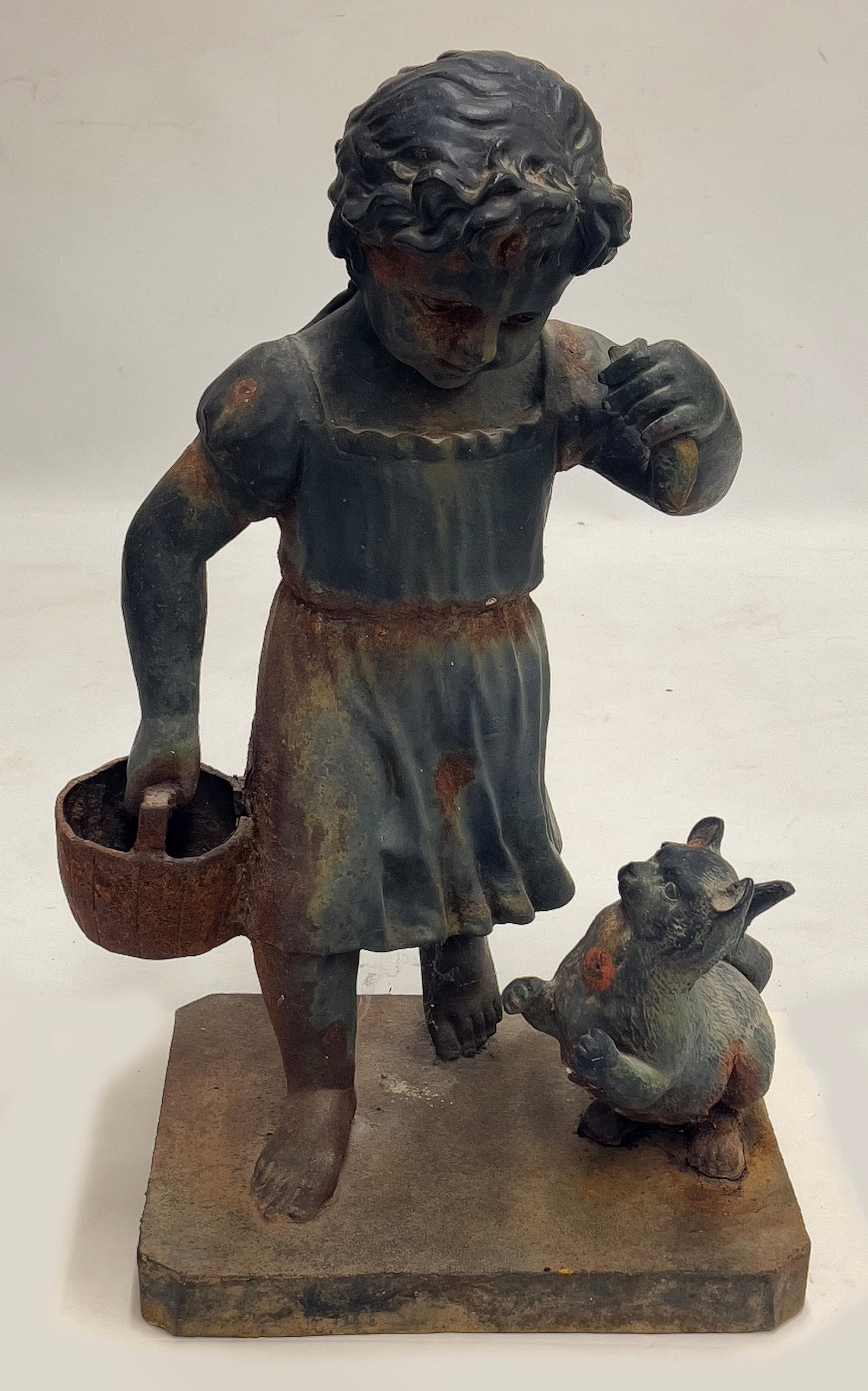 VICTORIAN CAST IRON STATUE, GIRL WITH CAT: 33"h; 18"w; 15"d