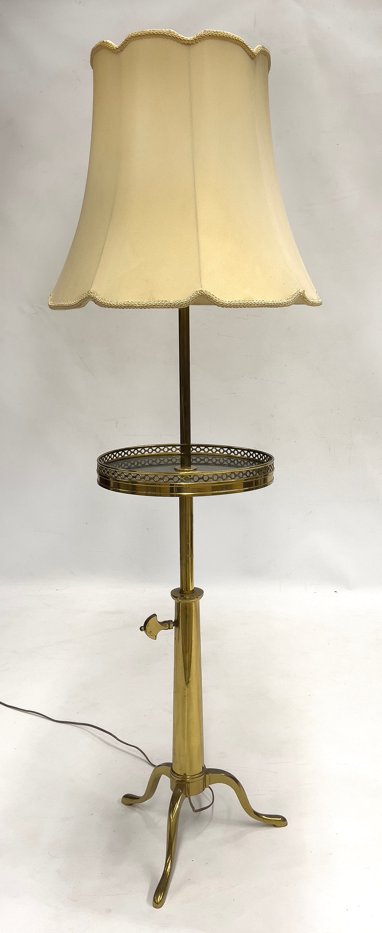 GEORGIAN-STYLE ADJUSTABLE BRASS LAMP/TABLE: telescoping height; round green marble shelf with pierced gallery, 12"diam.; two light sockets; total h ranges from 58" to 52"
