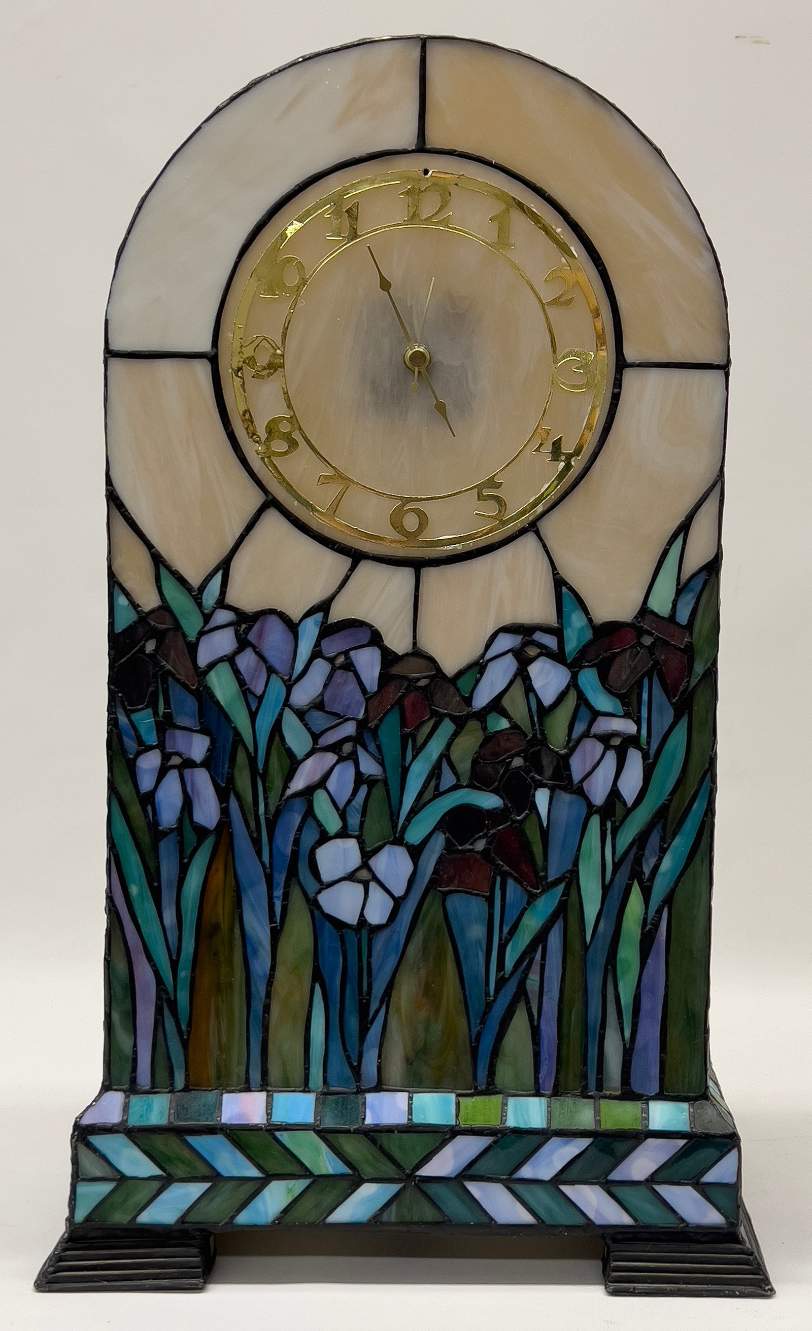 iris design, internal lights (plug); clock battery operated; 21"h; 10.25"w; 5.5"d (1 of 1)