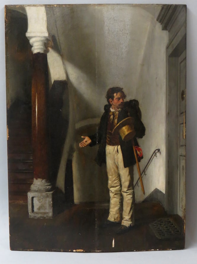 CARL KRONBERGER (Austrian, 1841-1921) OIL PAINTING: perplexed man in hallway, coin in handsgn. (faintly) l.l. Kronberger; oil/panel; 16 by 11.5 in.
