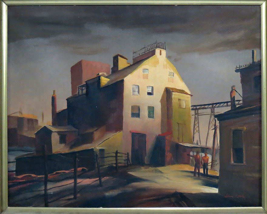 JOHN LEAR (American, 1910-2008): workers in a steel yard sgn. l.r. John Lear, o/c, 16 by 20 in., ornate gilt frame