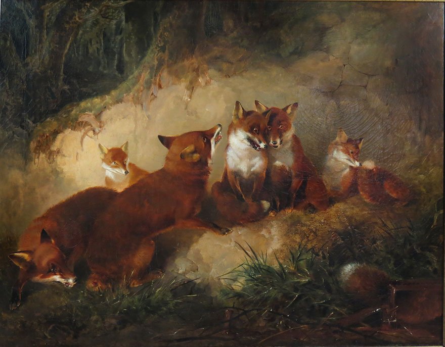 JAMES BATEMAN (British, 1815-1849): six foxes, one with tail lost in trap sgn. and dated l.l. ..?.. Bateman 18?5 , o/c, 28 by 36 in., simple gilt frame old label on stretcher, illegible date