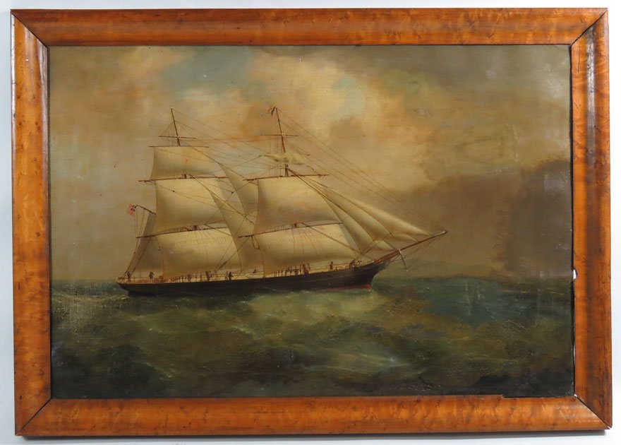 BRITISH SCHOOL, 19th c.: ship at sea, full sail sgn. l.r. illegibly, o/c, 20 by 29.5 in., burl frame