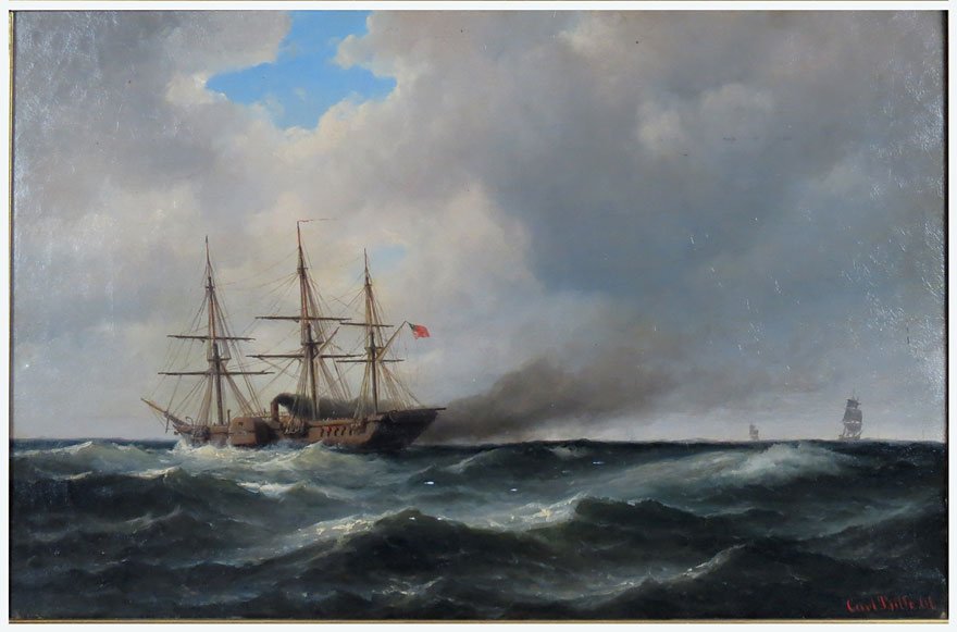 CARL LUDWIG BILLE (Danish, 1815-1898): 10-gun steam frigate challenging a blockade-runner sgn. and dated l.r. Carl Bille ‘61, o/c, 12 by 18 in., gilt frame Along with a paper related to the history of the ship Mississippi, her involvemen