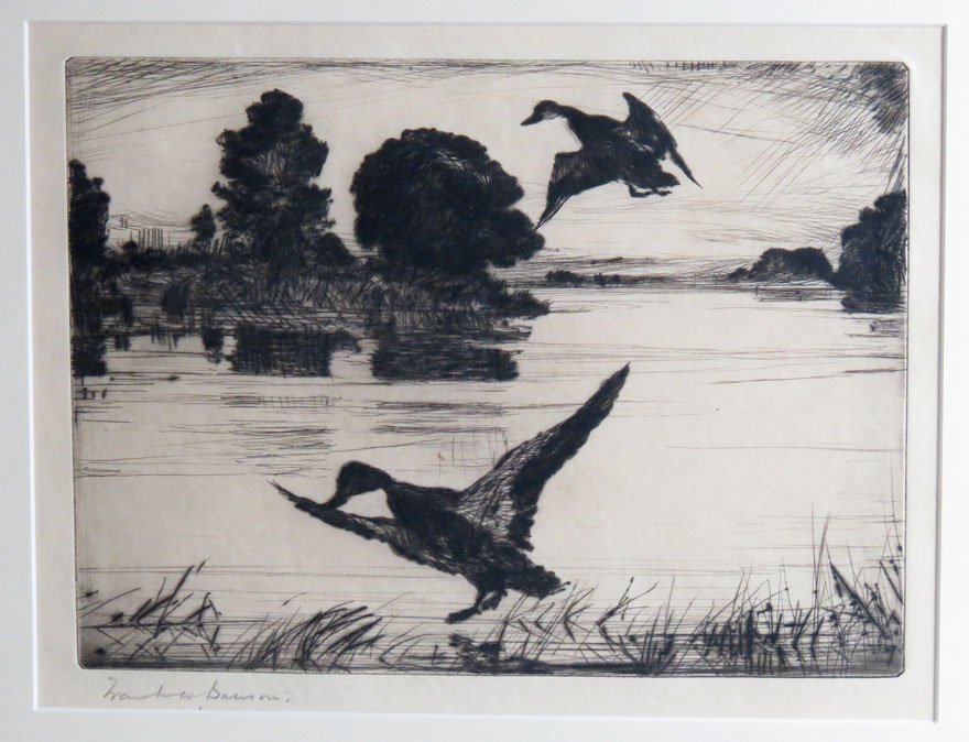 FRANK WESTON BENSON (American, 1862-1951): pintail ducks sgn. l.l. Frank W. Benson, etching, 5.75 by 7.75 in. (image), matted, framed under glass