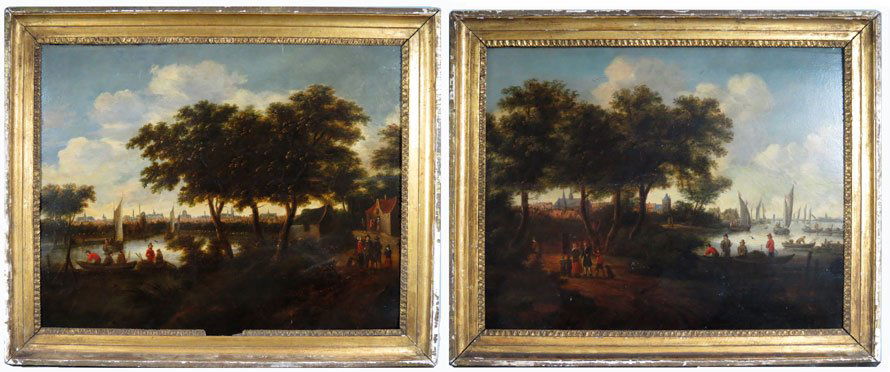 (pair) DUTCH SCHOOL, 17/18th c.: river views with people, village in distance unsigned, o/p, 18 by 23 in., period gilt frames